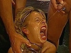 Chap is feeding cock juice flow into oversexed chicks' lusty face holes
